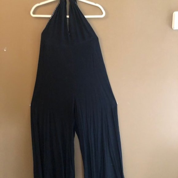 TOPSHOP BLACK HALTER TIE NECK JUMPSUIT W/Beading M - Picture 1 of 3
